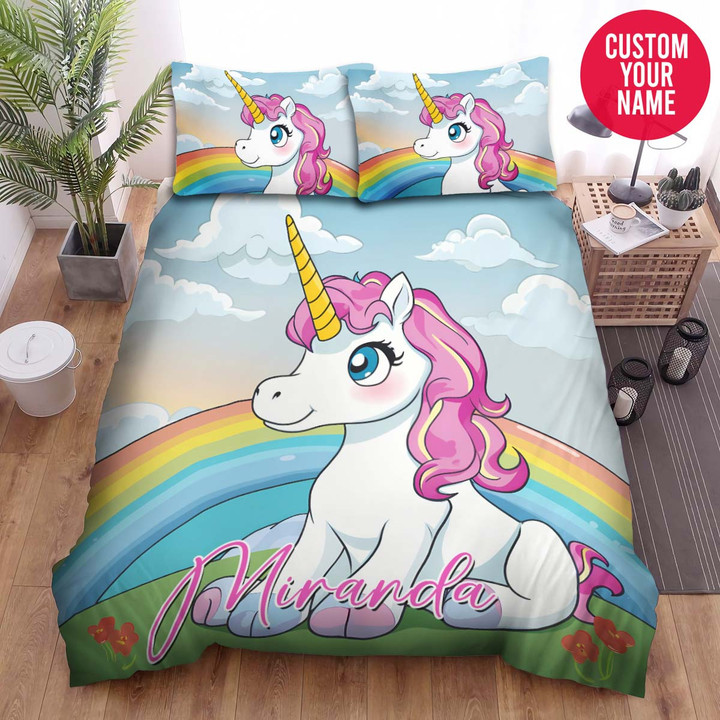Personalized Cute Unicorn With Rainbow Custom Name Duvet Cover Bedding Set