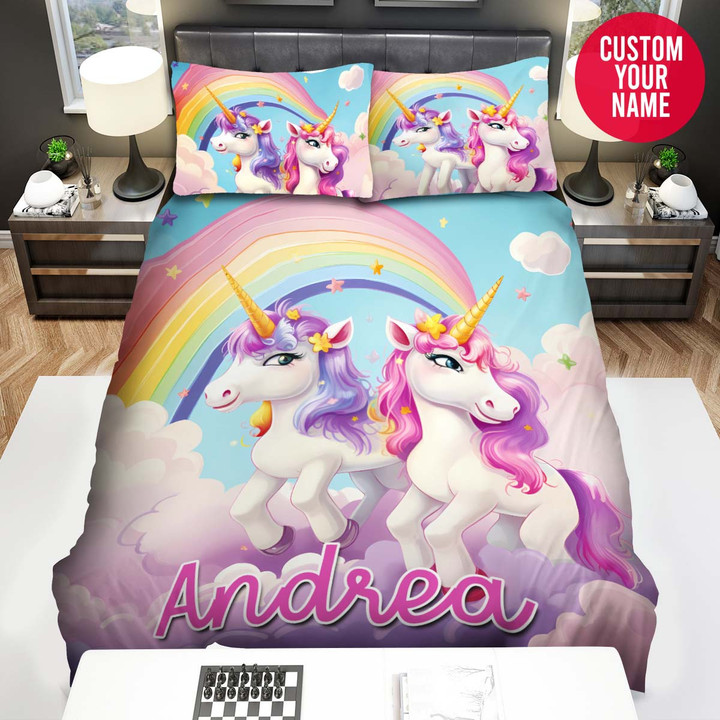 Personalized Unicorns Playing Together Custom Name Duvet Cover Bedding Set