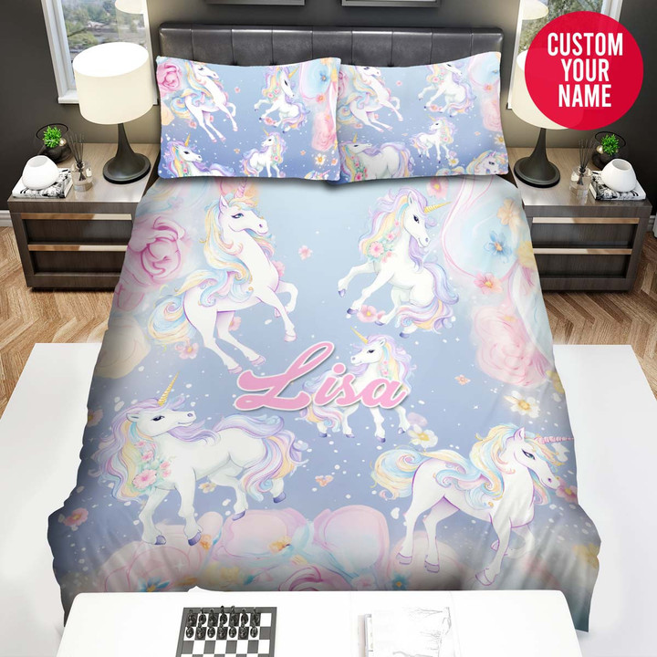 Personalized Baby Unicorn Rainbow Pattern Custom Name Duvet Cover Bedding Set