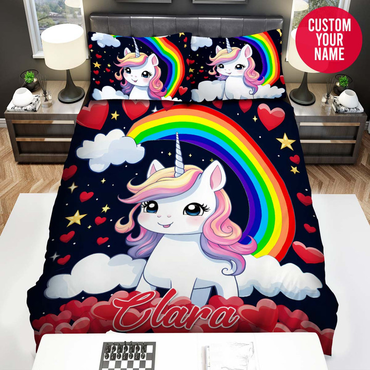 Personalized Unicorn Rainbow Red Heart Custom Name Duvet Cover Bedding Set