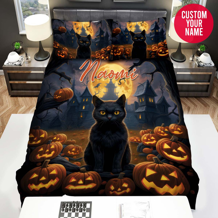 Personalized Halloween Black Cat Custom Name Duvet Cover Bedding Set