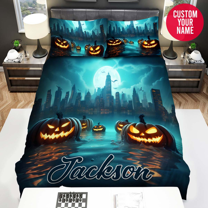 Personalized Halloween Pumpkin In Water Custom Name Duvet Cover Bedding Set
