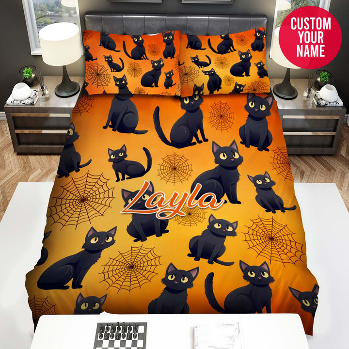 Personalized Halloween Cute Black Cat Pattern Custom Name Duvet Cover Bedding Set