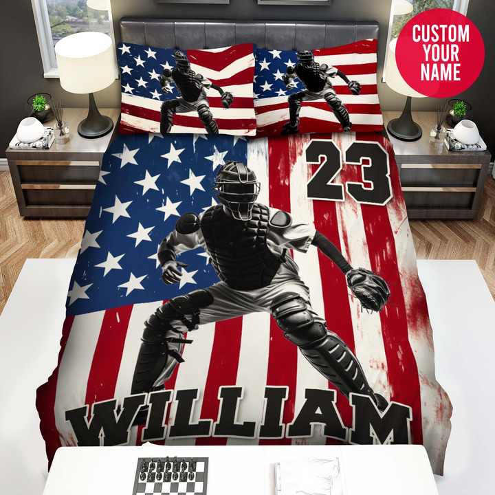 Personalized Baseball Catcher Custom Name Duvet Cover Bedding Set