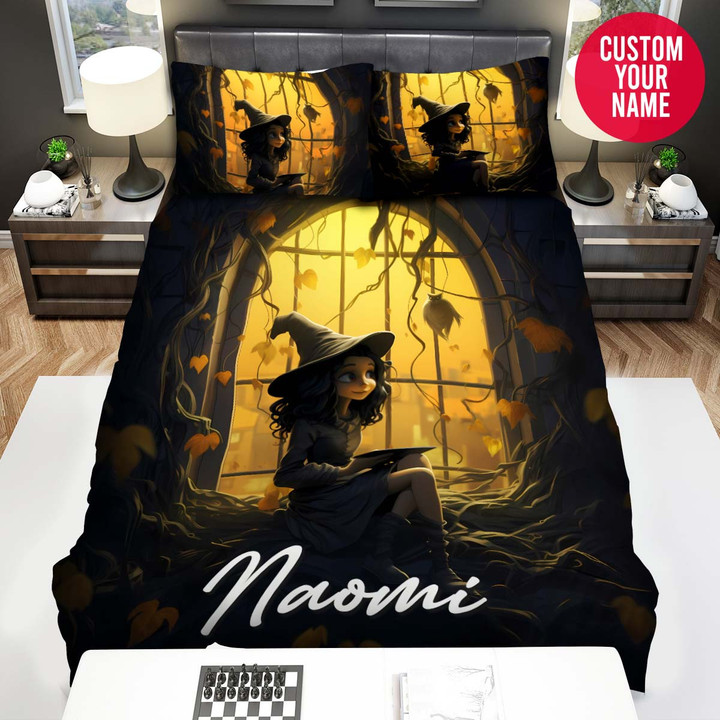 Personalized Halloween Black Witch Beside Window Custom Name Duvet Cover Bedding Set