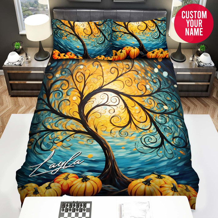Personalized Halloween Pumpkin And Tree Custom Name Duvet Cover Bedding Set
