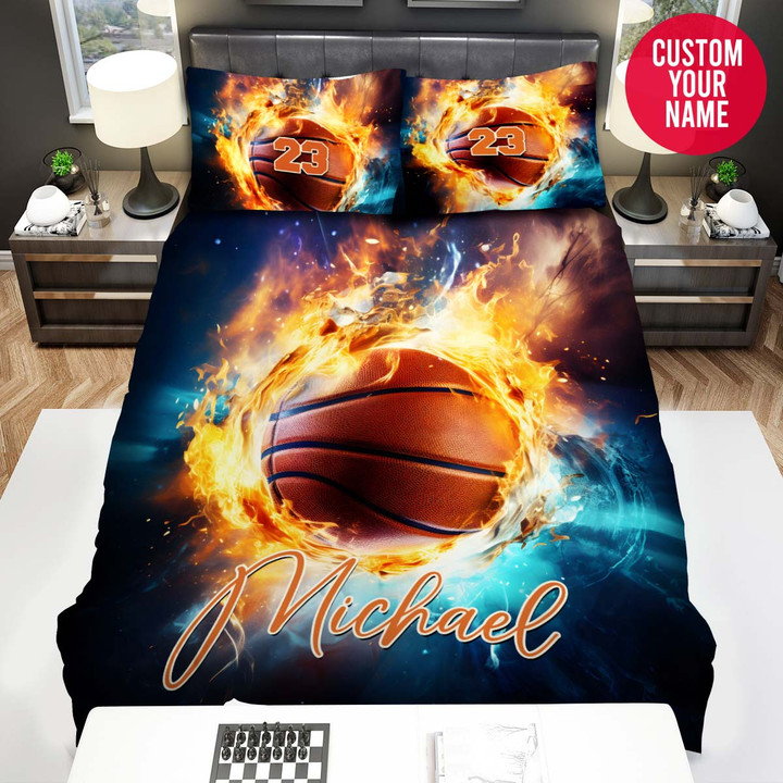 Personalized Basketball Ball With Fire And Ice Duvet Cover Bedding Set