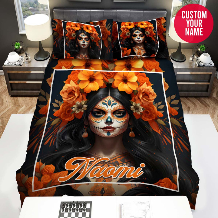 Personalized Halloween Skull Girl Orange Flowers Custom Name Duvet Cover Bedding Set