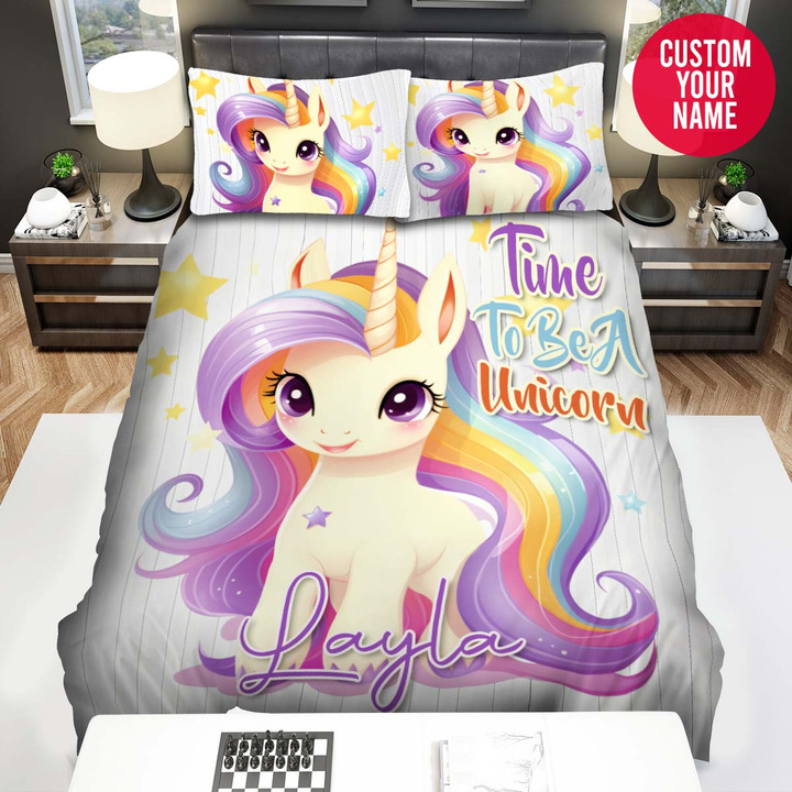 Personalized Unicorn Rainbow Stripes Custom Name Duvet Cover Bedding Set
