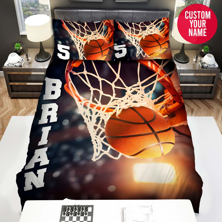 Personalized Basketball Close-Up Ball Through Hoop Custom Name Duvet Cover Bedding Set