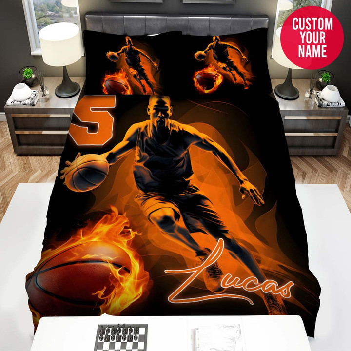 Personalized Basketball Player With Fireball Custom Name Duvet Cover Bedding Set