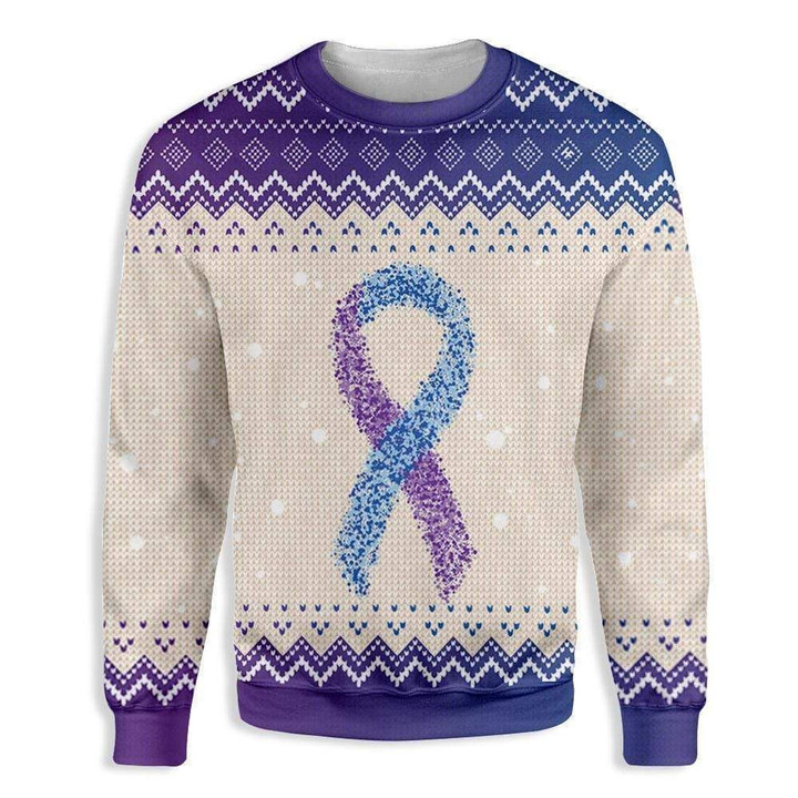 Purple Blue Ribbon Rheumatoid Arthritis Awareness Ugly Christmas Sweater, All Over Print Sweatshirt