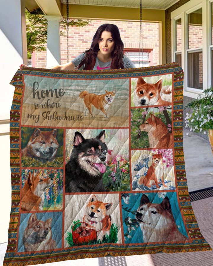Home Is Where My Shiba Inu Is Innocent Face Flowers Cute Dog Quilt Blanket Great Customized Blanket Gifts For Birthday Christmas Thanksgiving