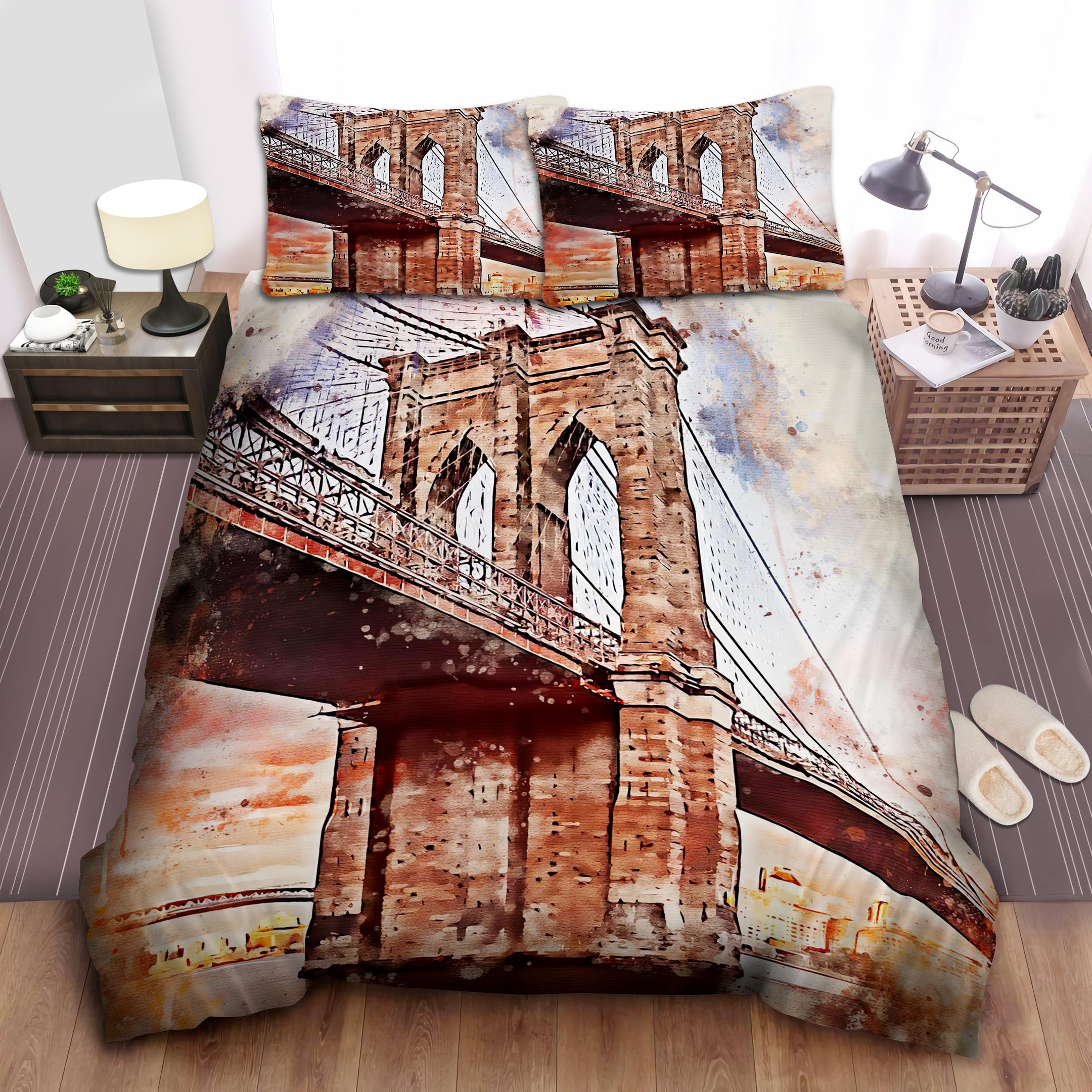 The Brooklyn Bridge New York In Watercolour Bed Sheets Spread Comforter Duvet Cover Bedding Sets