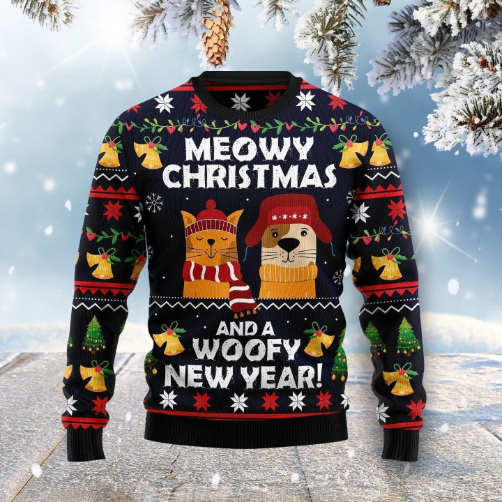 Meowy Christmas And Woofy New Year Ugly Christmas Sweater, Meowy Christmas And Woofy New Year 3D All Over Printed Sweater