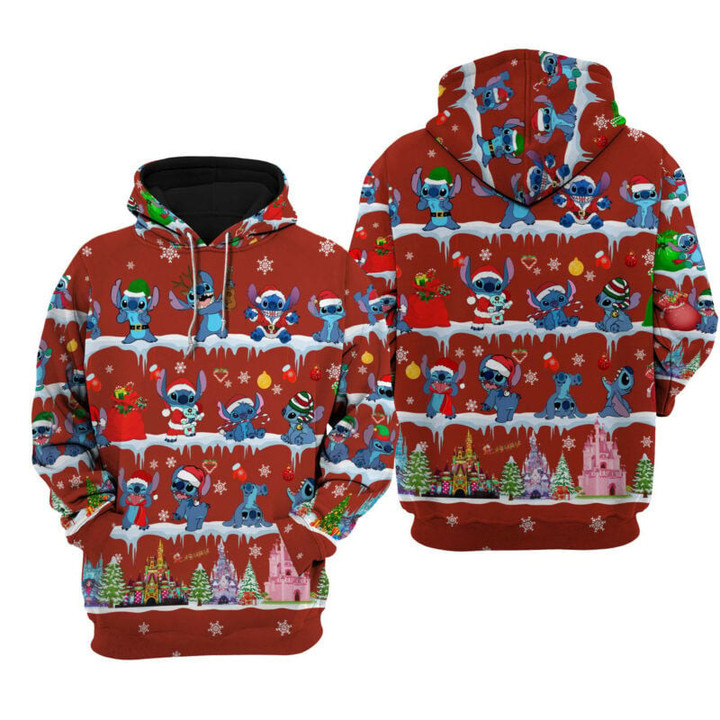 Disney Christmas Stitch Poses Pattern 3D Hoodie All Over Print, Zip-up Hoodie