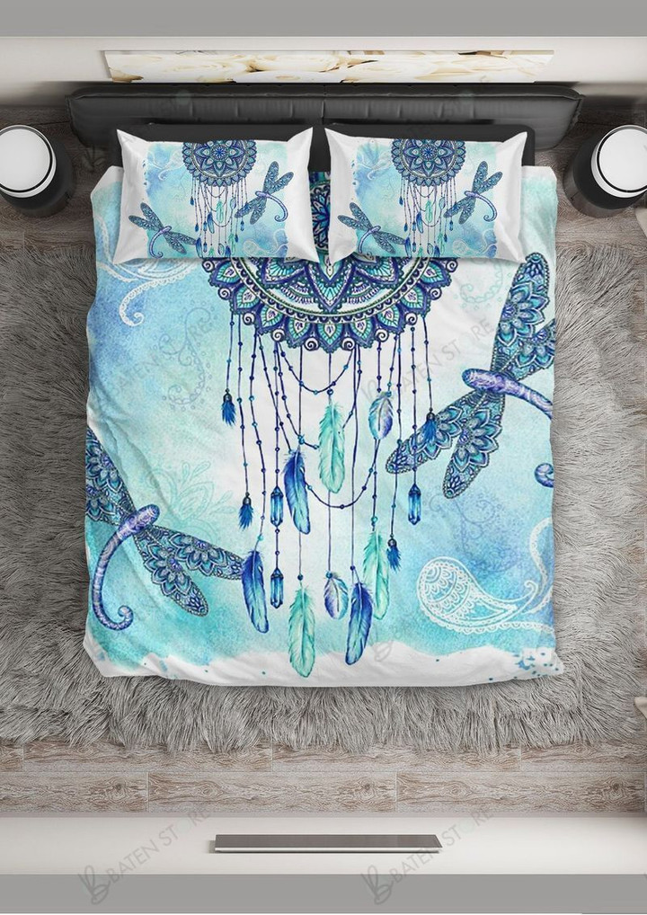 Mandala Blue Dragonflies Bed Sheets Spread Duvet Cover Bedding Set
