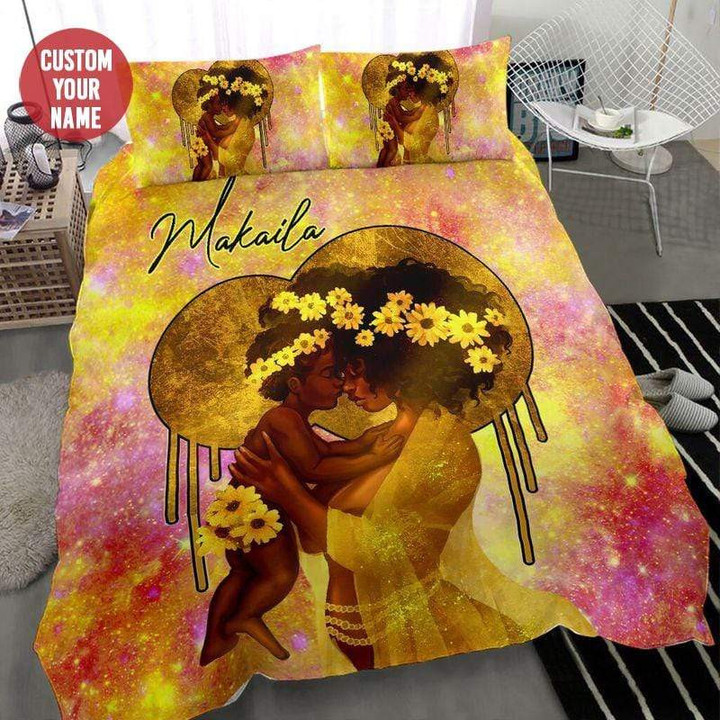Mother And Son Galaxy Sunflower African Personalized Custom Name Duvet Cover Bedding Set