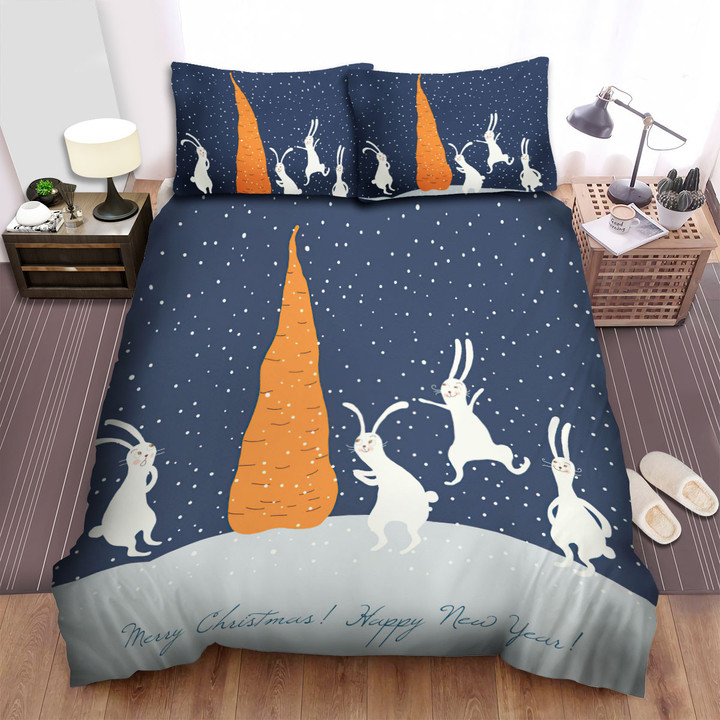 The Christmas Animal - The White Bunny Jumping Around A Carrot Bed Sheets Spread Duvet Cover Bedding Sets