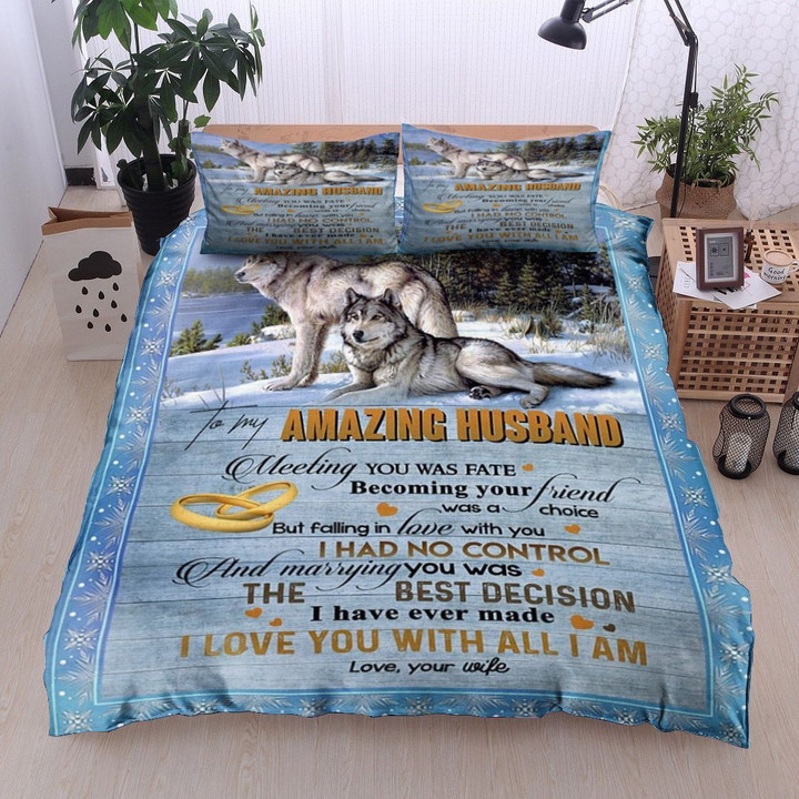 Personalized Family Wolf To My Amazing Husband From Wife Meeting You Was Fate Cotton Bed Sheets Spread Comforter Duvet Cover Bedding Sets Great Gifts For Birthday Christmas Thanksgiving Perfect Gifts For Wolf Lover