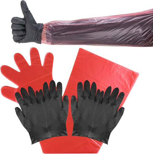 50 Pairs Field Dressing Gloves Gut Mitten Cleaning Deer Field Dressing Gloves Disposable Gutting Mittens Red Black Plastic Gloves Long and Short Gut Mitten Combo Pack for Gutting Field Dressing