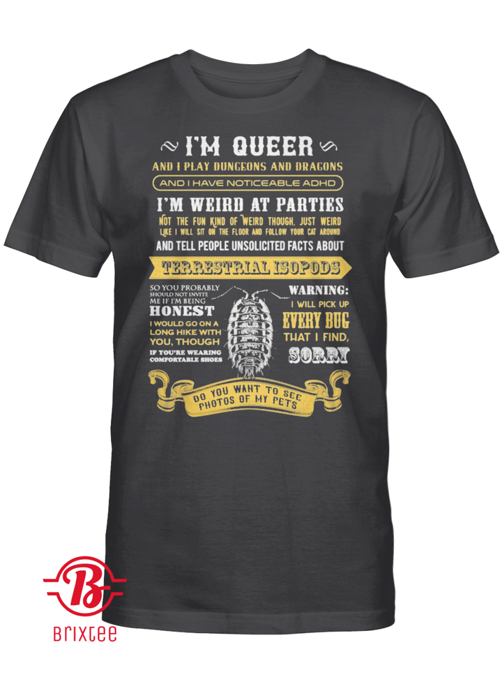 I’m queer and I play Dungeons and Dragons and I have noticeable adhd I’m weird at parties shirt