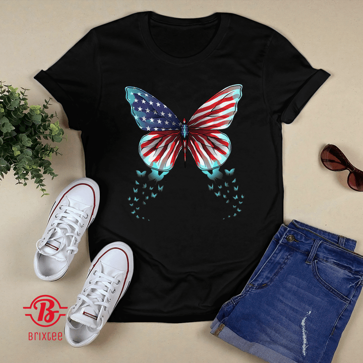 Butterfly USA Flag Cute 4th Of July Funny American Girl Gift T-Shirt and Hoodie