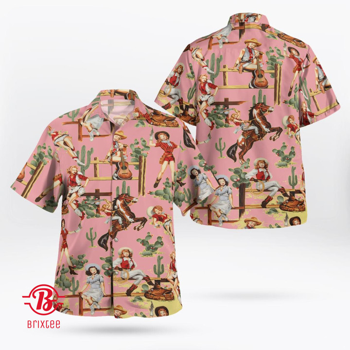 Rancher Girls Pistols From The Hip Cowboy Pin Up Pink Hawaiian Shirt