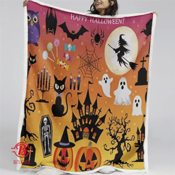 Sherpa Blanket Halloween Pumpkin Ghost House Bed Throw