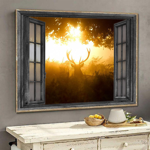 Deer 3D Window View Wall Art Housewarming Gift Decor Sunshine Fern Hunting Lover Ha0255-Tnt Framed Prints, Canvas Paintings