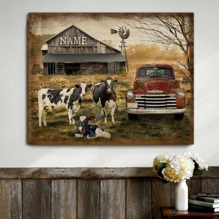 Customized Name Dairy Cows Pickup Truck And Barn - Personalized Canvas Print Wall Art Farmhouse Decor