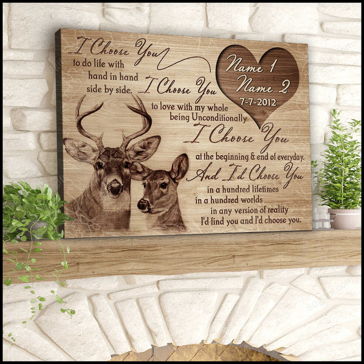 Personalized Name Valentine's Day Gifts Anniversary Wedding Present - Customized Deer Couple Canvas Print Wall Art Home Decor