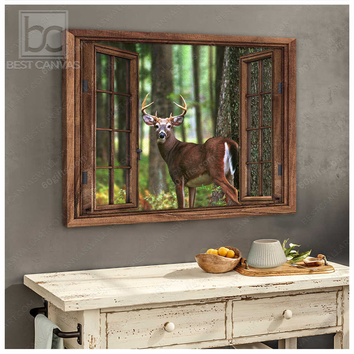 Housewarming Gifts Beautiful White Tailed Deer In The Forest Through Rustic Window - Canvas Print Wall Art Home Decor