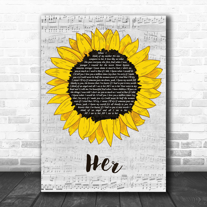 Anne-Marie Her Grey Script Sunflower Decorative Art Gift Song Lyric Print - Canvas Print Wall Art Home Decor