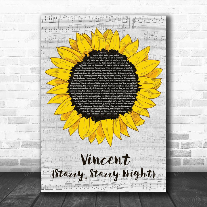 Don McLean Vincent (Starry, Starry Night) Grey Script Sunflower Song Lyric Art Print - Canvas Print Wall Art Home Decor