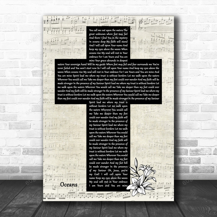 Hillsong United Oceans Music Script Christian Memorial Cross Song Lyric Art Print - Canvas Print Wall Art Home Decor