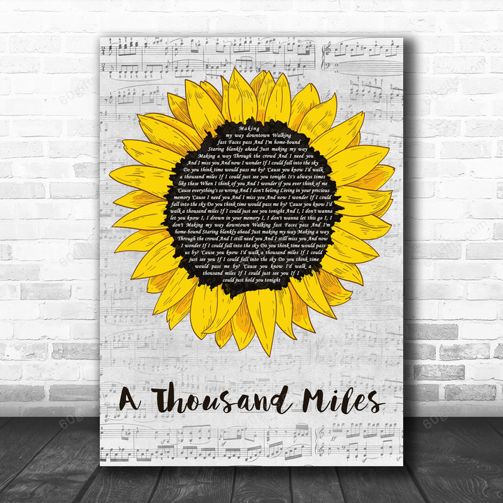 Vanessa Carlton A Thousand Miles Grey Script Sunflower Decorative Art Gift Song Lyric Print - Canvas Print Wall Art Home Decor