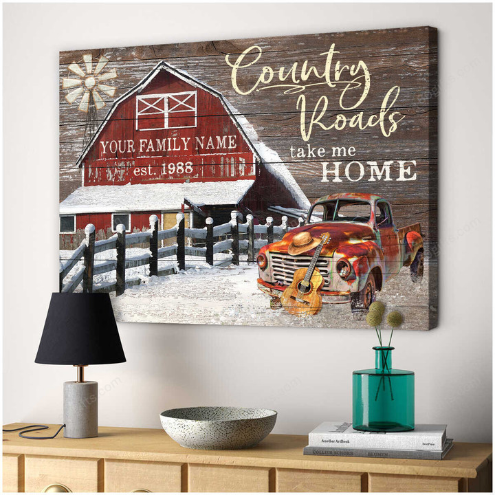 Personalized Name Valentine's Day Gifts Country Road Anniversary Wedding Present - Customized Barn Canvas Print Wall Art Home Decor