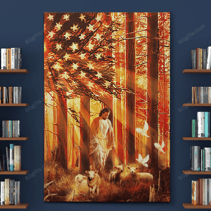 Housewarming Gifts Christian Decor Sunset Jesus And Lamb American Flag - Canvas Print Wall Art Home Decor