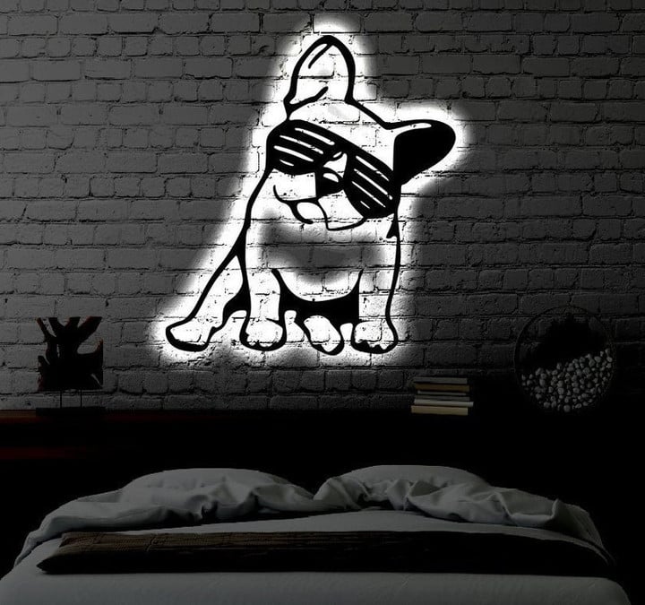 Dog LED Metal Art Sign Light up Bulldog Metal Sign Multi Colors Pug Dog Sign Metal Animal Dog Home Decor LED Wall Art Gift