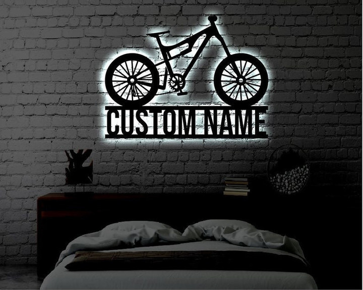 Personalized Mountain bike LED Metal Art Sign Light up bicycle Name Metal Sign Multi Color Mountain bike Art Metal Bike Wall Art