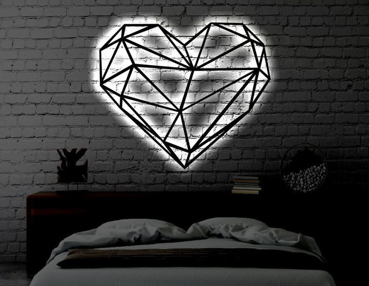 Geometric Heart LED Metal Art Sign Light up Heart Metal Sign Multi Colors Heart Sign Metal Heart Home Decor LED Wall Art Gift