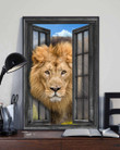 Lion 3D Wall Art Painting Art Wild Animals Home Decoration Gift For Friend Landscape Seen Through Window Scene Wall Mural, 3D Window Wall Decal, Window Wall Mural, Window Wall Sticker, Window Sticker Gift Idea 18x30IN