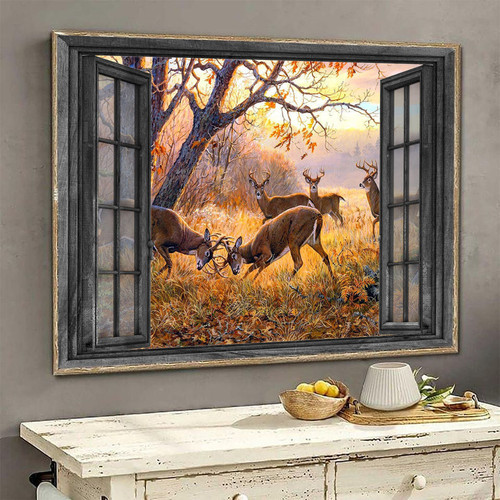 Blacktail Deer 3D Window View Wall Art Housewarming Gift Decor Auturm Forest Hunting Lover Ha0260-Tnt Framed Prints, Canvas Paintings