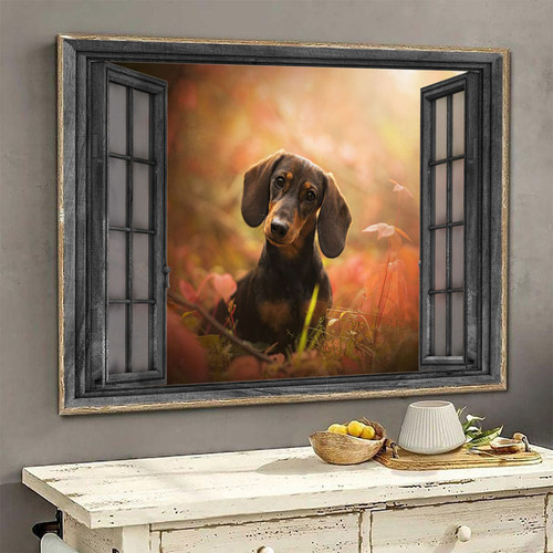 Dachshunds 3D Window View Wall Art Housewarming Gift Paintings Prints Maple Tree Dogs Lover Ha0284-Ptd Framed Prints, Canvas Paintings
