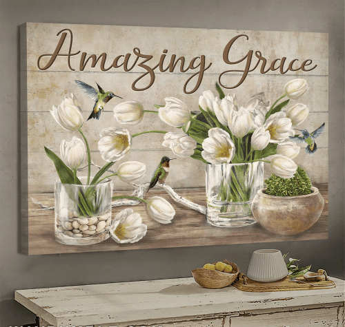 White Tulip Hummingbird Amazing Grace - Matte Wall Art Gallery Canvas Painting, Canvas Hanging Home Decor Gift Idea Framed Prints, Canvas Paintings