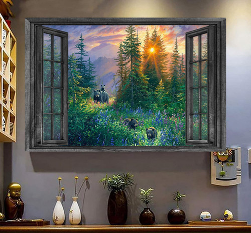 Bear 3D Window View Canvas Wall Art Painting Art 3D Window View Fall In Love With Black Bear Forest Home Decoration Framed Prints, Canvas Paintings