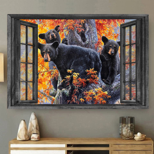 Bear 3D Window View Canvas Wall Art Painting Art Home Decor Living Decor Black Bear Maple Gift For New House Framed Prints, Canvas Paintings