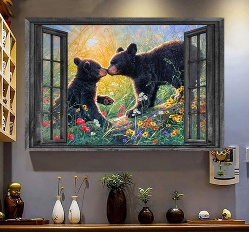 Bear 3D Window View Canvas Wall Art Painting Art 3D Window View Wild Animals Lover Black Bear Home Decoration Framed Prints, Canvas Paintings