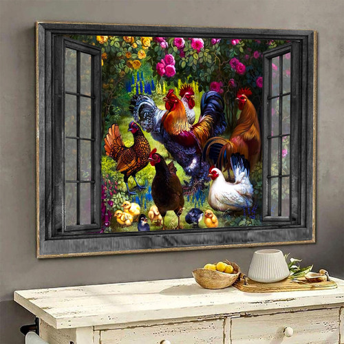 Chicken Scenery 3D Window View Canvas Wall Art Painting Rose Garden Home Decoration Gift Idea Gift Birthday Father Day Framed Prints, Canvas Paintings